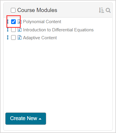 Under Course Modules pane, one checkbox next to an item in the list is checked.